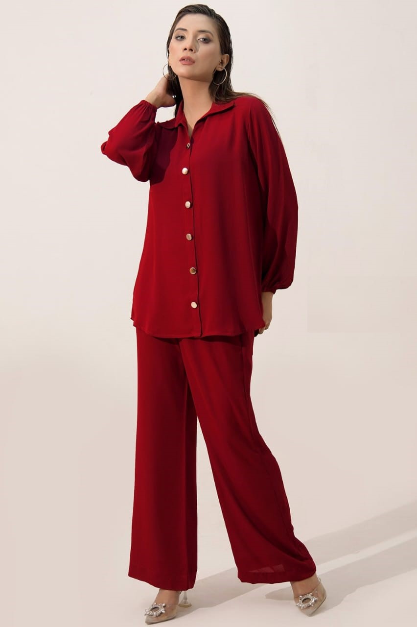 Maroon Glam Button CO ORD Set For Her.