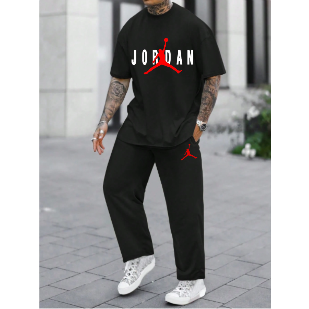 Classic Black JR Oversized T-Shirt and Trouser Tracksuit Set.