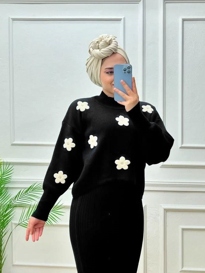 Flowers Printed Fleece Turkish Top with Ribbed BodyCon 2 Piece.