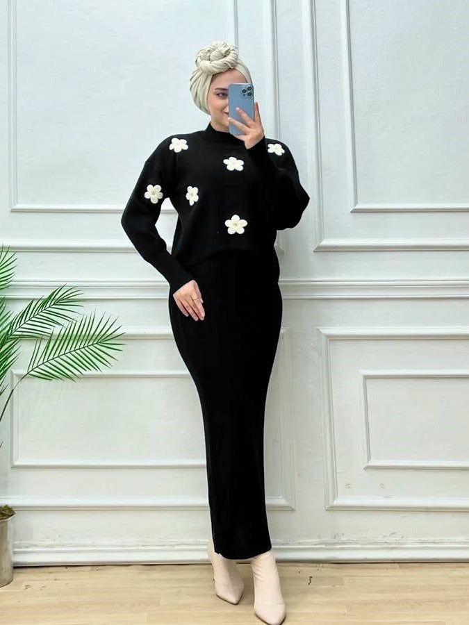 Flowers Printed Fleece Turkish Top with Ribbed BodyCon 2 Piece.