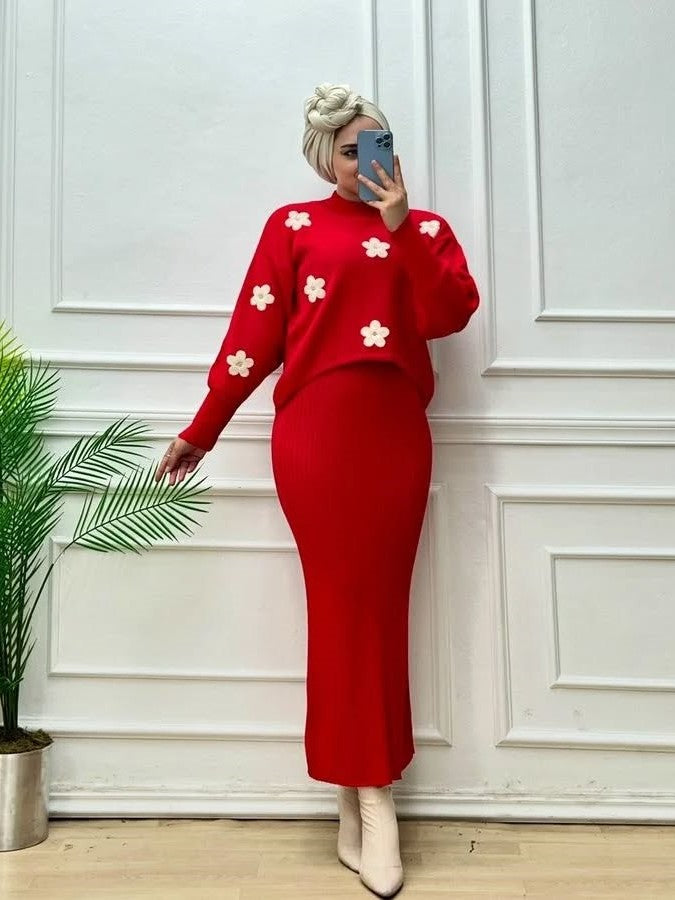 Flowers Printed Fleece Turkish Top with Ribbed BodyCon 2 Piece.