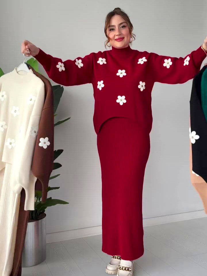 Flowers Printed Fleece Turkish Top with Ribbed BodyCon 2 Piece.