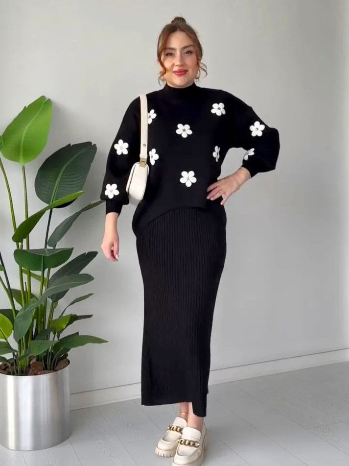 Flowers Printed Fleece Turkish Top with Ribbed BodyCon 2 Piece.