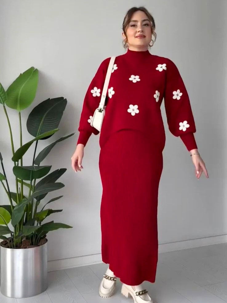 Flowers Printed Fleece Turkish Top with Ribbed BodyCon 2 Piece.