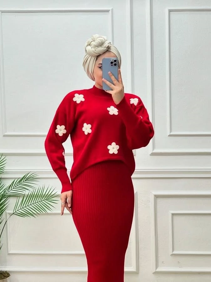 Flowers Printed Fleece Turkish Top with Ribbed BodyCon 2 Piece.